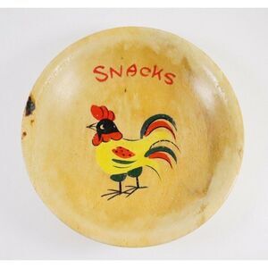 VTG Nevco Wood Rooster Snack Bowl Hand Painted No Handle Primitive Country Japan